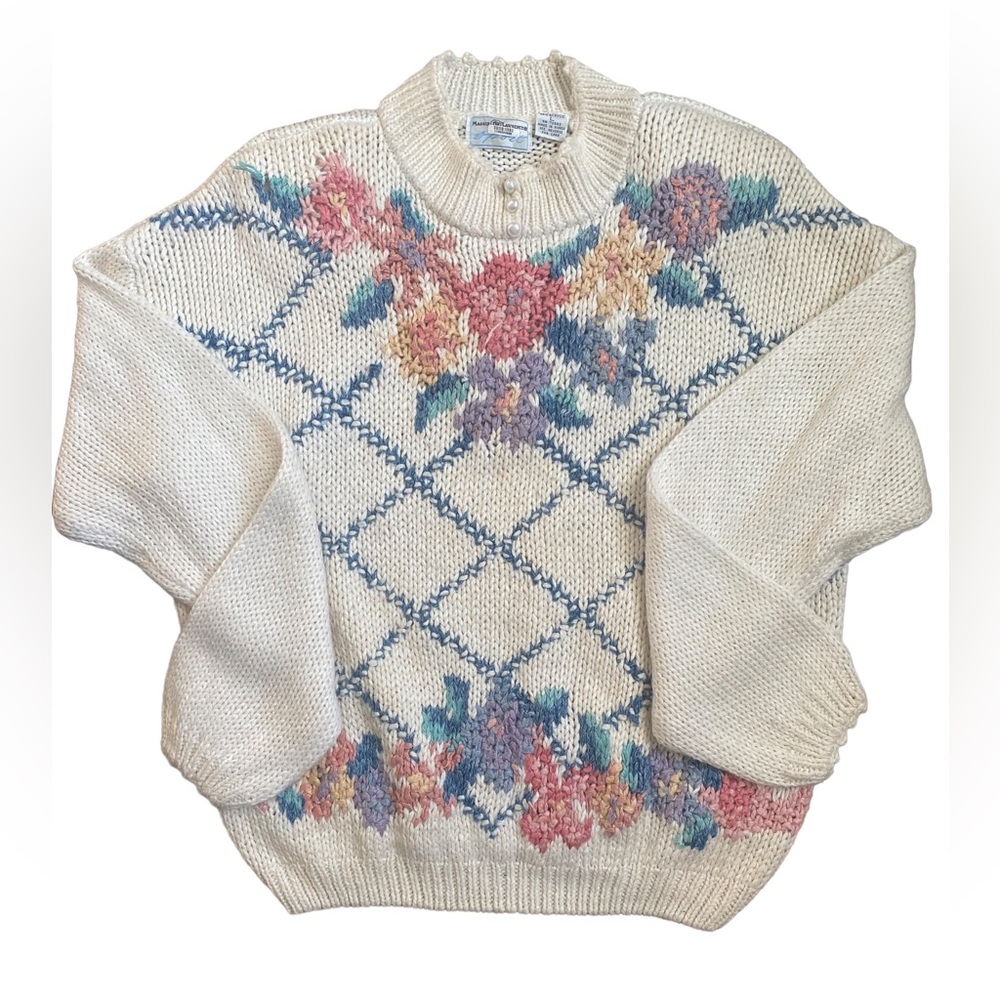 Vintage 1980s Cottagecore Knit Ivory Floral Sweater by Maggie Lawrence Sport